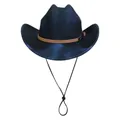 Sparkly dark blue western cowboy hat with brown leather band and adjustable wind rope - Straight Top - Starry Blue Glitter