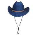 Classic blue woven cowboy hat with brown leather band and adjustable chin strap - Straight Top - Woven Texture