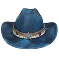 Blauer Cowboyhut im Boho-Stil mit ethnischen Bändern und Türkis-Stern-Schnalle - Flach-Top-Stil (335) / Hellblau