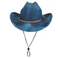 Vintage navy blue wide brim fedora with marble texture and adjustable chin strap - Straight Top - Marble Pattern