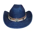 Böhmischer dunkelblauer Cowboyhut mit ethnischen Bändern und türkisfarbenem Stern - Flach-Top-Stil (335) / Mittelblau