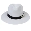 Détail d'un chapeau Panama avec ruban noir, clous, perles et accents floraux - 56-58cm / Décoration de Ruban Perles et Fleurs / Blanc
