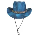 Blue denim style fedora hat with ethnic woven band and adjustable chin strap - Peach Heart Top - Ethnic Band Type C