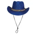 Dark blue cowboy fedora hat with ethnic woven band and adjustable windproof rope - Peach Heart Top - Ethnic Band Type D