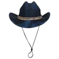 Dark blue polyester fedora hat with glitter finish and ethnic woven band and chin strap - Straight Top - Ethnic Band Type A