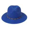 Detail of royal blue straw fedora hat featuring a stylish metal chain band decoration - 56-58cm / With Metal Chain and Tassel (338-B) / Sapphire Blue