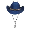 Dark blue polyester jazz hat with bohemian decorative band and windproof rope - Straight Top - Ethnic Band Type B