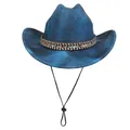 Blue denim fedora hat with bohemian woven band and adjustable black chin strap - Straight Top - Ethnic Band Type C