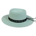 Detail of mint green boater straw hat featuring a black woven band and fine texture - 56-58cm / Black Woven Band (043R) / Mint Green