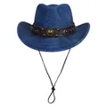 Deep blue western cowboy hat with brown leather band and adjustable chin strap - Peach Heart Top - Leather Rivet Type B