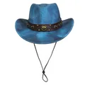 Retro dark blue fedora hat with brown leather band, metallic studs and windproof cord - Peach Heart Top - Leather Rivet Type C