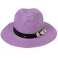 Détail du chapeau Fedora violet avec ornements en perles et fleurs sur ruban noir - 56-58cm / Décoration de Ruban Perles et Fleurs / Violet