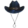 Sparkly dark blue cowboy hat with brown leather band and windproof chin strap - Straight Top - Leather Rivet Type A