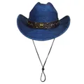 Dark blue polyester cowboy hat with brown leather band, rivets and adjustable wind cord - Straight Top - Leather Rivet Type B