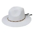 Detail of white straw Panama hat featuring a black gold chain band and tassels - 56-58cm / With Metal Chain and Tassel (338-G) / White