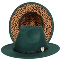 Cappello fedora in lana verde scuro con fascia nera e bordo con stampa leopardata - Taglia unica(56-58cm) / Verde Scuro (236-B)