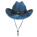 Distressed blue cowboy hat with brown leather band and adjustable windproof strap - Straight Top - Leather Rivet Type C