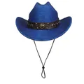 Dark blue fedora with brushed texture, leather band, metal studs and windproof cord - Straight Top - Leather Rivet Type D