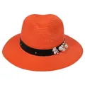 Détail d'un chapeau Panama orange avec ruban noir, clous dorés, perles et fleurs - 56-58cm / Décoration de Ruban Perles et Fleurs / Orange