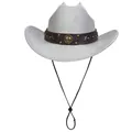 Silver glitter cowboy hat with brown leather band and adjustable black wind rope accessory - M / Straight Line Top (329) / Silver