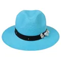 Détail du chapeau Panama bleu clair avec ruban noir, perles et décorations florales - 56-58cm / Décoration de Ruban Perles et Fleurs / Bleu lac