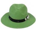 Détail du chapeau de paille vert avec ruban noir orné de perles et de fleurs - 56-58cm / Décoration de fleur en perle artificielle et ruban / Vert