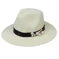 Elegant beige woven straw hat with pearl and floral ribbon decoration for summer seaside - Pearl Flower / Off White