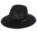 Classic black breathable woven fedora hat with faux leather band and silver buckle - Buckle Belt Style / Black