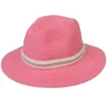Détail d'un chapeau de paille rose avec dentelle blanche, perles et chaîne dorée - 56-58cm / Décoration à double rangée de perles artificielles et chaîne dorée / Rose