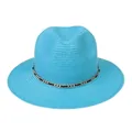 Close-up of sky blue Panama straw hat featuring a stylish gold chain and leather band - 56-58cm / With Metal Chain and Tassel / Lake Blue