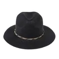 Close-up of black woven Panama hat featuring a stylish gold chain trim and wide brim - 56-58cm / With Metal Chain and Tassel / Black