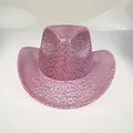 Pink and silver crackle pattern cowboy hat with curved brim and western festive style - 18B Pink