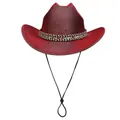 Chapeau de cowboy rouge scintillant avec bande ethnique et mentonnière ajustable - M / Sommet en Ligne (327) / Rouge