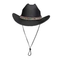 Chapeau de cowboy noir de style western avec ruban tissé ethnique et cordon réglable - M / Sommet en Ligne (327) / Noir