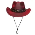 Chapeau de cowboy rouge pailleté avec bande en cuir cloutée et mentonnière réglable - M / Sommet en Coeur (328) / Rouge