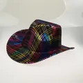 Colorful metallic striped cowboy hat with black base and rainbow sequin design - 20B Dark Grid
