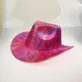 Metallic pink cowboy hat with colorful grid pattern for festival and party wear - 20C Rose Red