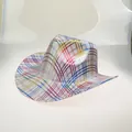 Rainbow grid pattern western cowboy hat with a white base for party festivals - 20D Light Color