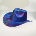 Bright blue cowboy hat with colorful rainbow stripes and glossy finish for parties - 20E Blue