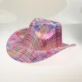 Pink cowboy hat with rainbow metallic check pattern and classic wide brim design - 20F Pink
