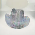 Western cowboy hat featuring iridescent rainbow metallic scales and a wide curved brim - 22C Light Blue