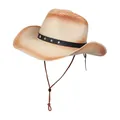 Sombrero vaquero de paja con tachuelas de estrella y cordón ajustable beige - Estilo De Banda Decorativa Con Remaches De Estrella / Degradado Beige Y Café Rojo