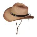 Sombrero de vaquero de paja degradado marrón con remaches de estrellas y cordón - Estilo De Banda Decorativa Con Remaches De Estrella / Degradado Caqui