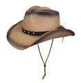 Sombrero de paja estilo cowboy en café con borde degradado oscuro y estrella de metal - Estilo De Banda Decorativa Con Remaches De Estrella / Degradado Caqui Y Negro