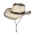 Sombrero de paja vaquero con banda de leopardo y ala degradada en beige y negro - Estilo De Banda Decorativa De Leopardo / Degradado Beige Y Negro