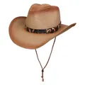 Sombrero de paja estilo cowboy con cinta de leopardo y cordón ajustable marrón - Estilo De Banda Decorativa De Leopardo / Degradado Caqui Y Café Rojo