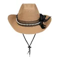 Cappello di paglia kaki stile western con pizzo nero, perle, fiocco e cordino - Stile Perla Pizzo Fiocco (388) / Caffè chiaro