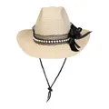 Cappello da sole in paglia beige con pizzo nero, perle bianche e fiocco di seta nero - Stile Perla Pizzo Fiocco (388) / Beige