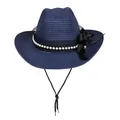 Cappello di paglia blu navy con perle bianche, fiocco nero e cinturino regolabile - Stile Perla Pizzo Fiocco (388) / Blu marino