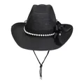 Schwarzer Western-Strohhut mit weißen Perlen, großer Satinschleife und verstellbarem Band - Perlen-Spitze-Schleife-Stil (388) / Schwarz